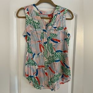 Maeve Size 2 Umbrella Print Chest Pockets Button Down Rayon Tank Top Shirt
